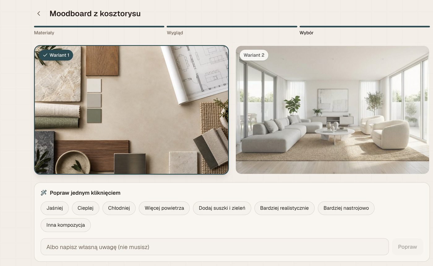 Moodboard z kosztorysu w Interlio: dwa warianty planszy i poprawki jednym kliknięciem